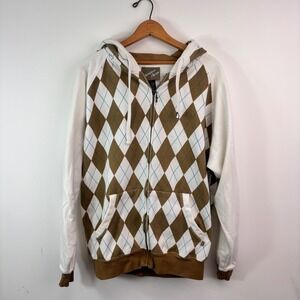 Superlative Living Argyle Full Zip Hoodie Brown White Y2K Preppy Streetwear L